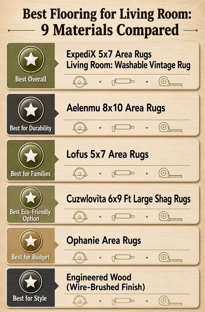 Infographic comparing nine types of flooring materials for living rooms