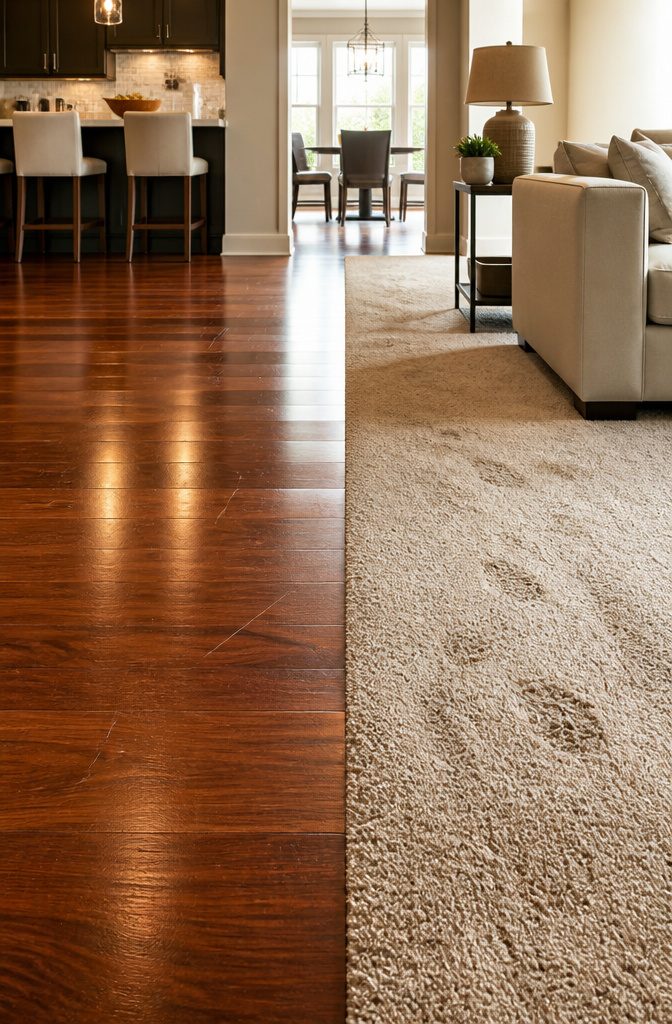 Split scene showing different flooring wear patterns in a living room