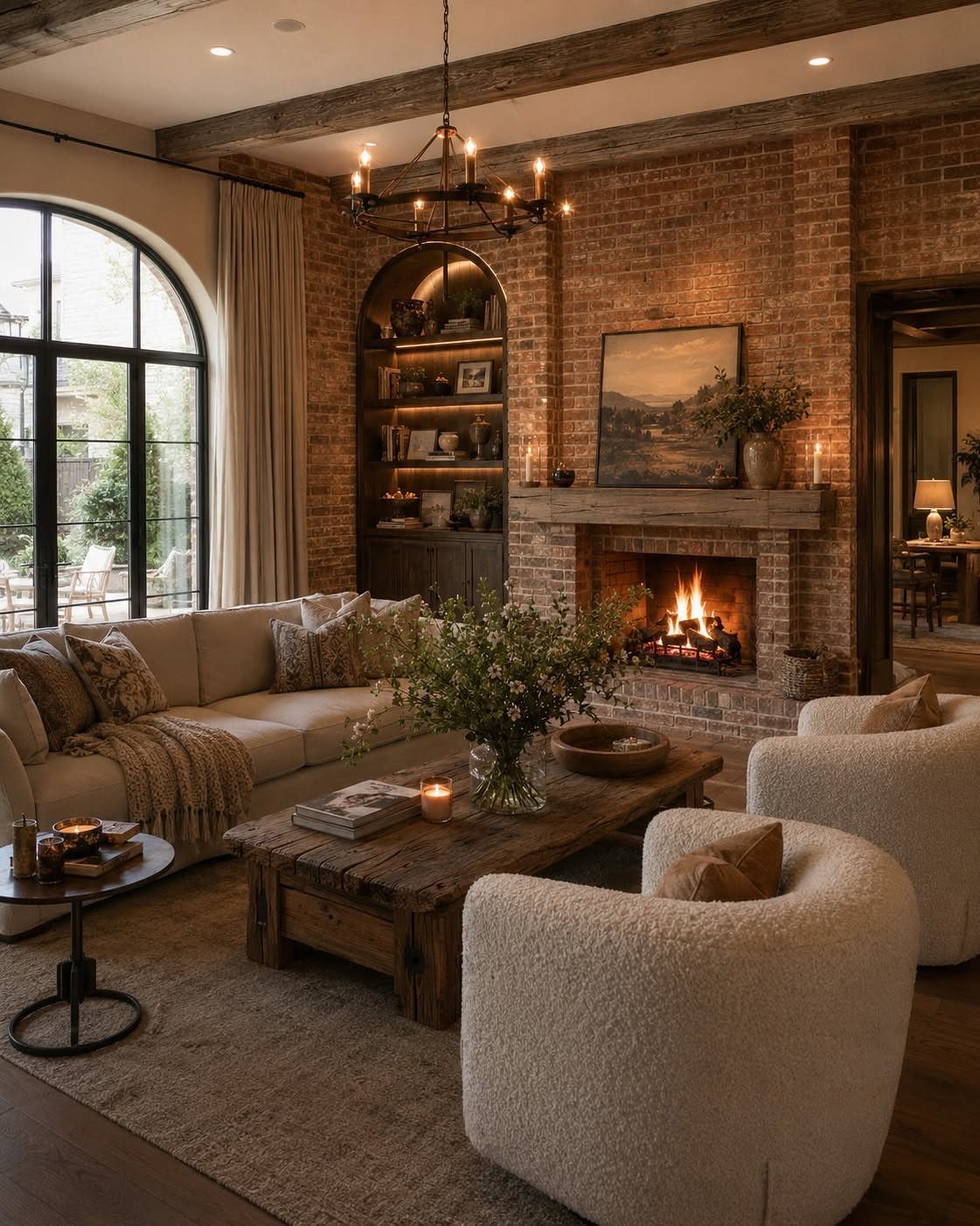 A warm living room with a brick fireplace, wooden coffee table, and comfortable seating.