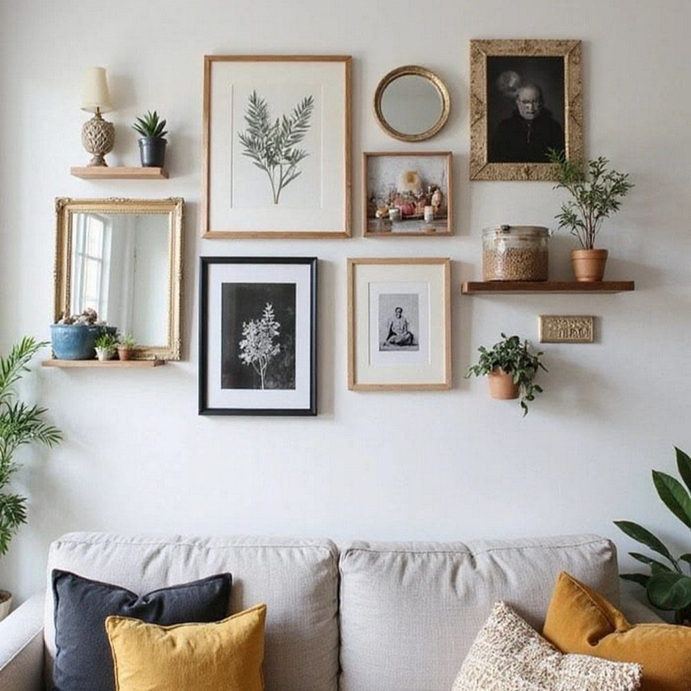 Various framed pictures, mirrors, and small plants arranged on a white wall above a grey sofa.