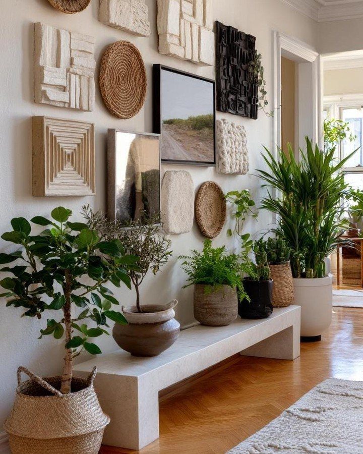 Textured wall art and woven baskets arranged in a gallery wall layout above indoor plants.