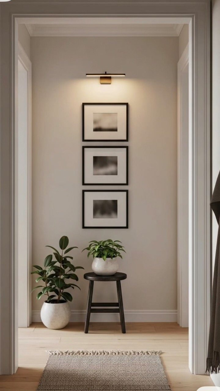 Three black framed square pictures arranged vertically on a beige wall above indoor plants.