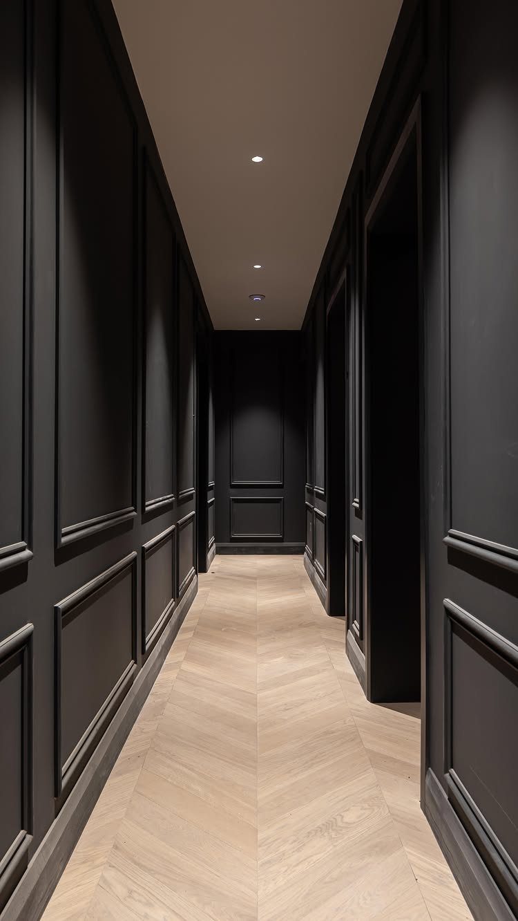 Dark paneled walls line a narrow hallway with light wood herringbone flooring.