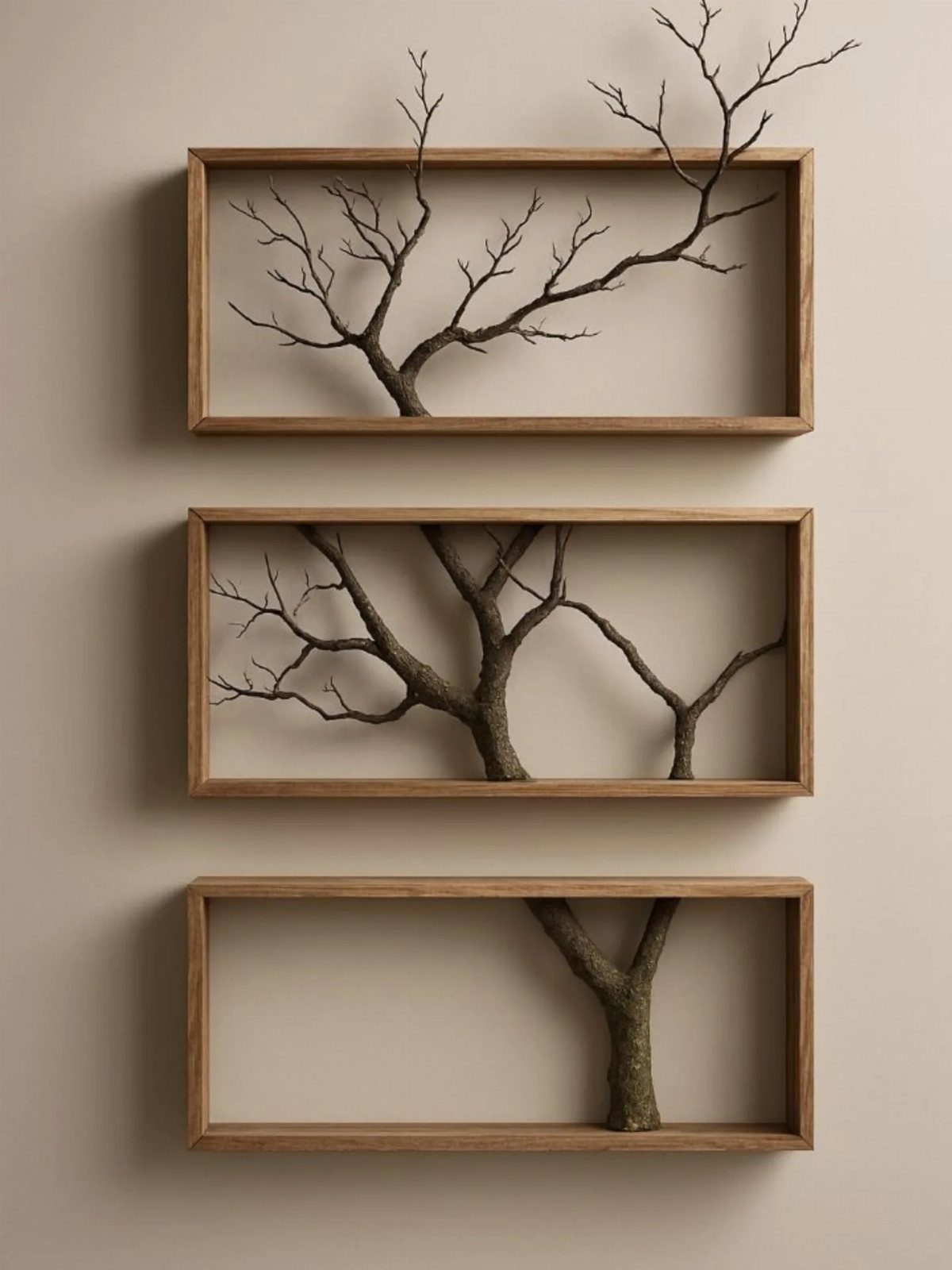 Three wooden shadow boxes containing dark tree branches mounted on a beige wall.