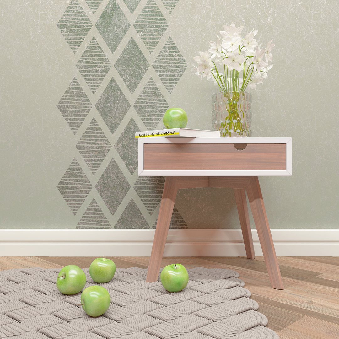 Grey diamond geometric patterns on a light green wall behind a small wooden side table.