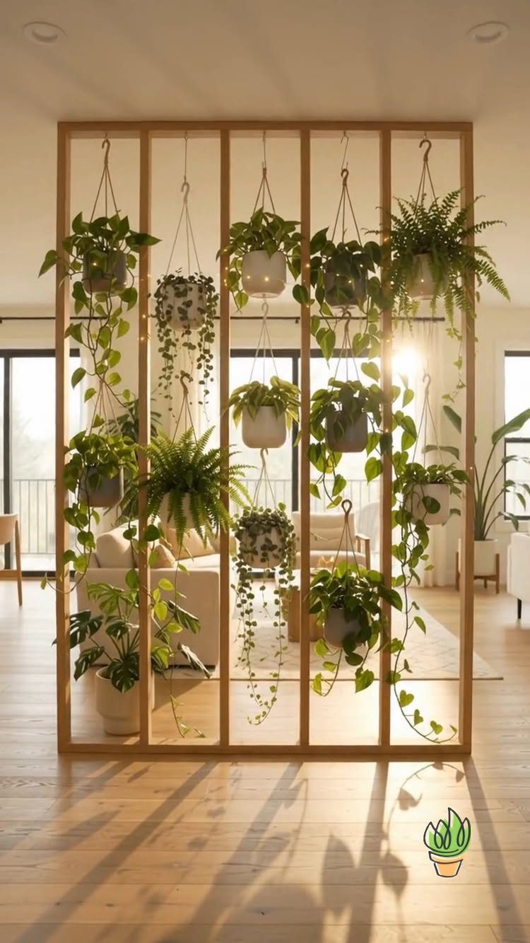 Green hanging plants in various pots suspended from a wooden room divider frame.