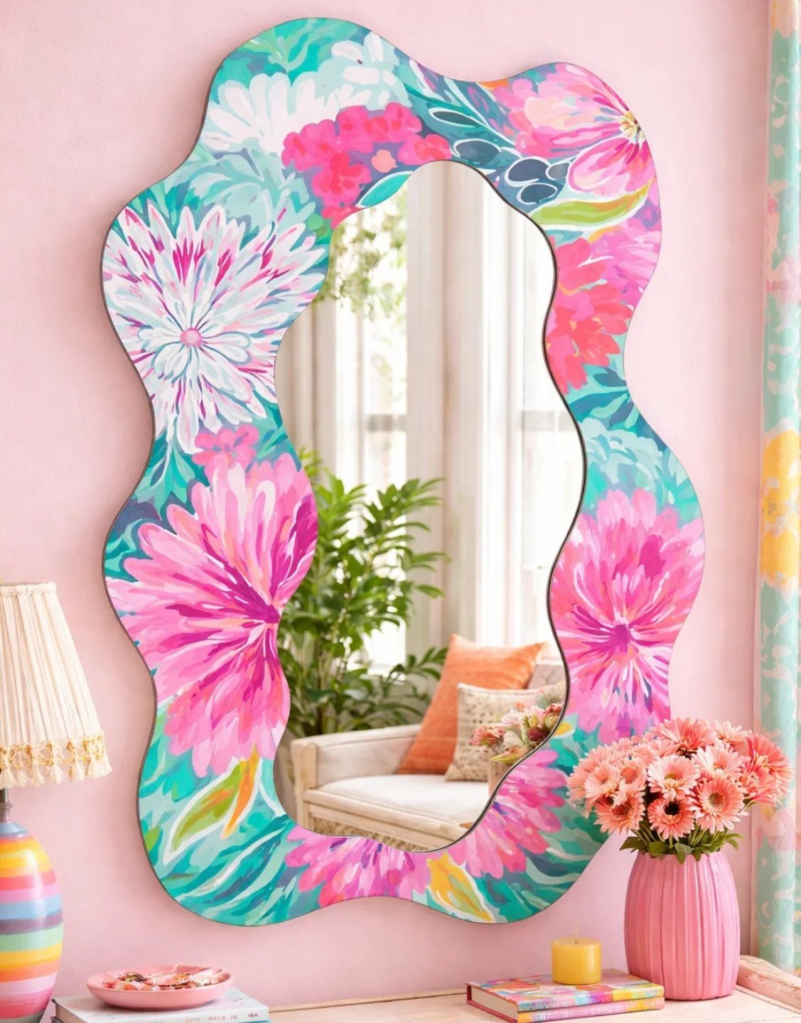 A large wavy mirror featuring a bright pink and teal floral painted frame on a pink wall.