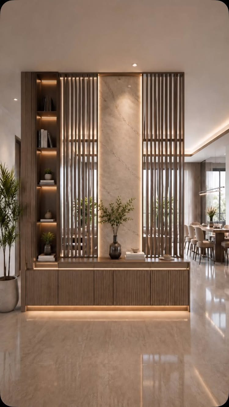 Modern hallway wall design featuring wooden slats, marble paneling, and integrated lighting with a console cabinet.