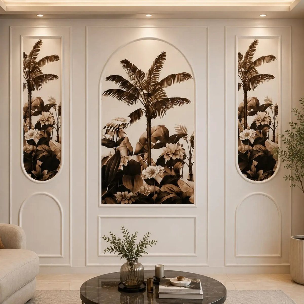Tropical leaf murals in arched frames displayed on a white paneled wall above a marble table.