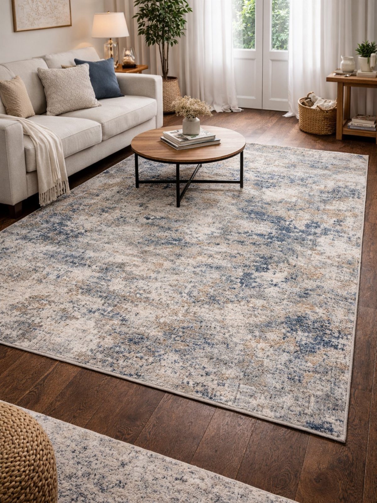 A blue and cream patterned area rug placed on dark hardwood flooring in a living room.