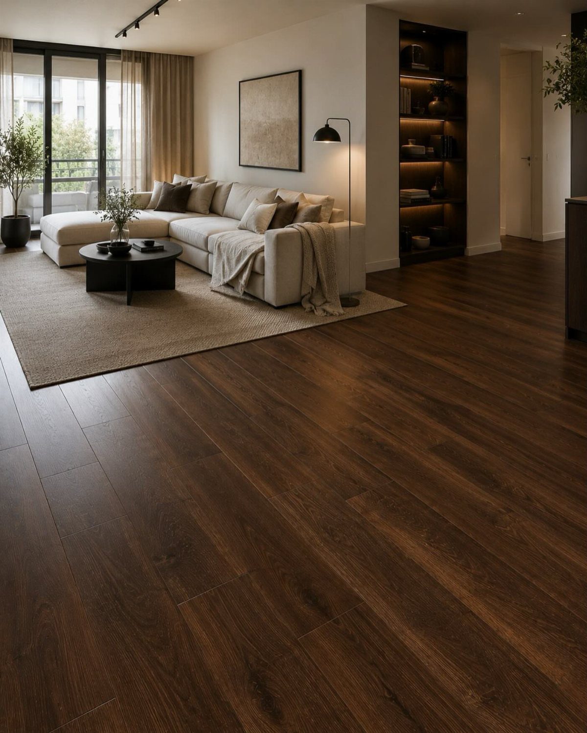 Dark hardwood flooring stretches across a modern living room with a cream sofa and coffee table.