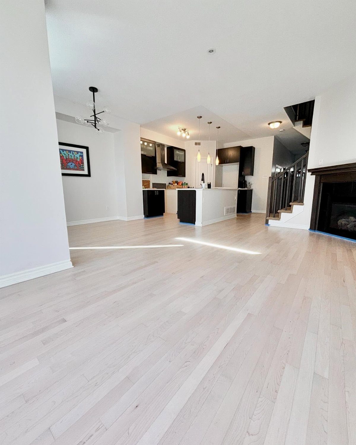 Light-colored maple hardwood flooring in a bright, empty modern open-concept living space.