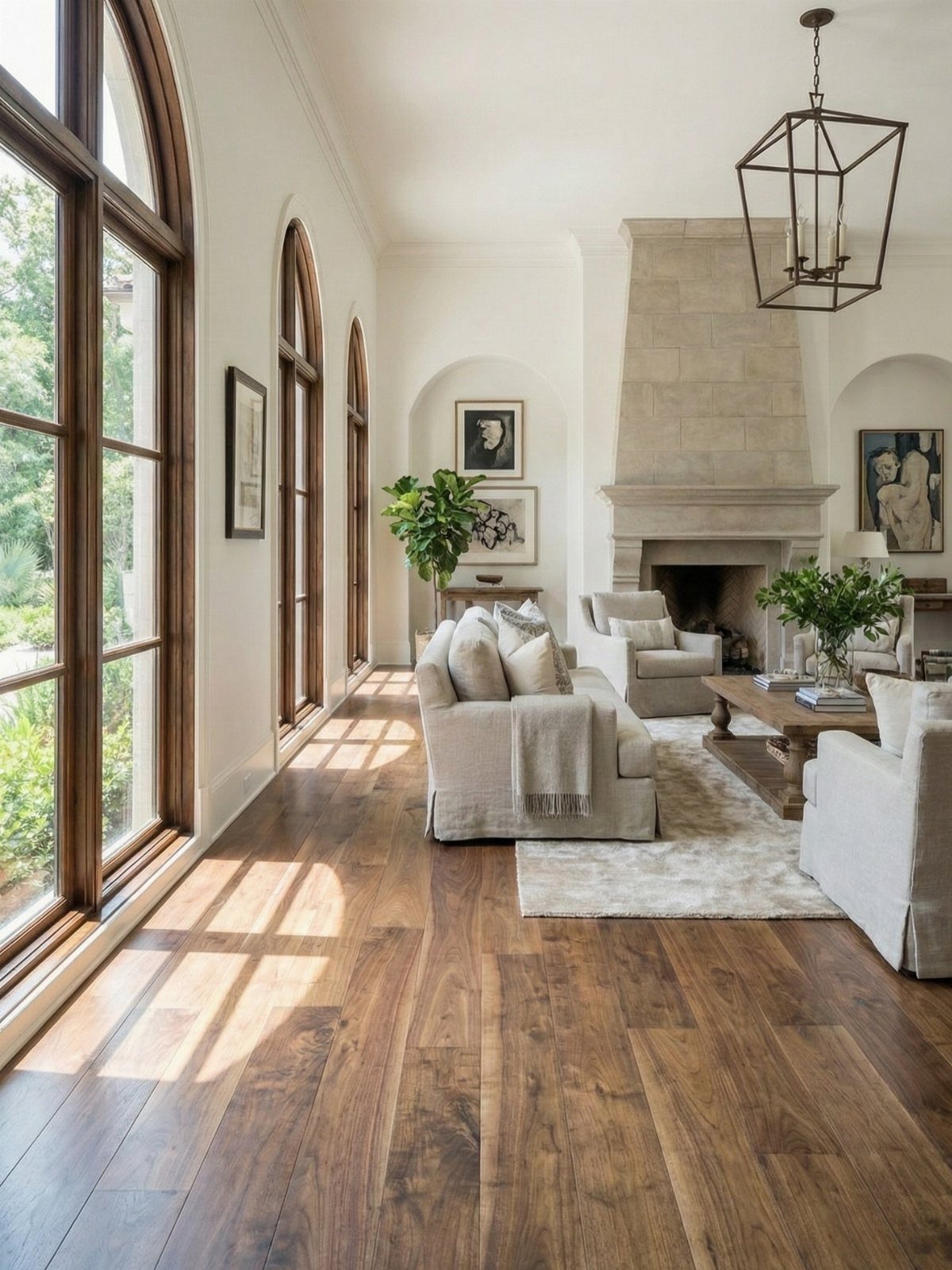 Walnut hardwood flooring in a bright living room with white furniture and arched windows.