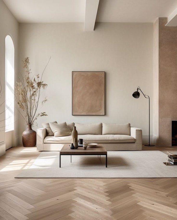 Light wood herringbone flooring in a minimalist living room with a beige sofa and coffee table.
