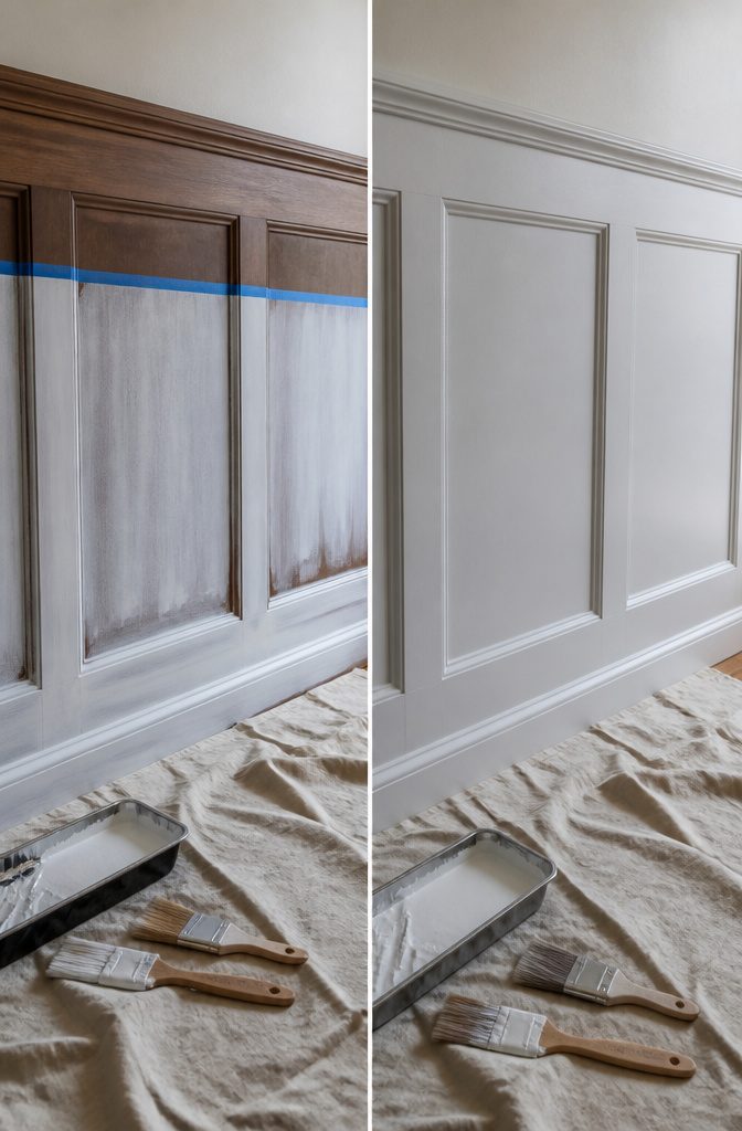 How to Paint Wall Paneling: 6 Steps for a Smooth, Lasting Finish 5 Cans of stain-blocking primer displayed with a paintbrush.