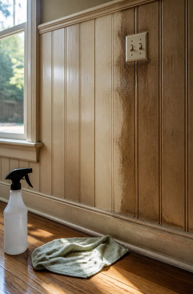 How to Paint Wall Paneling: 6 Steps for a Smooth, Lasting Finish 2 Wood paneling with a damp cloth and cleaning supplies nearby.