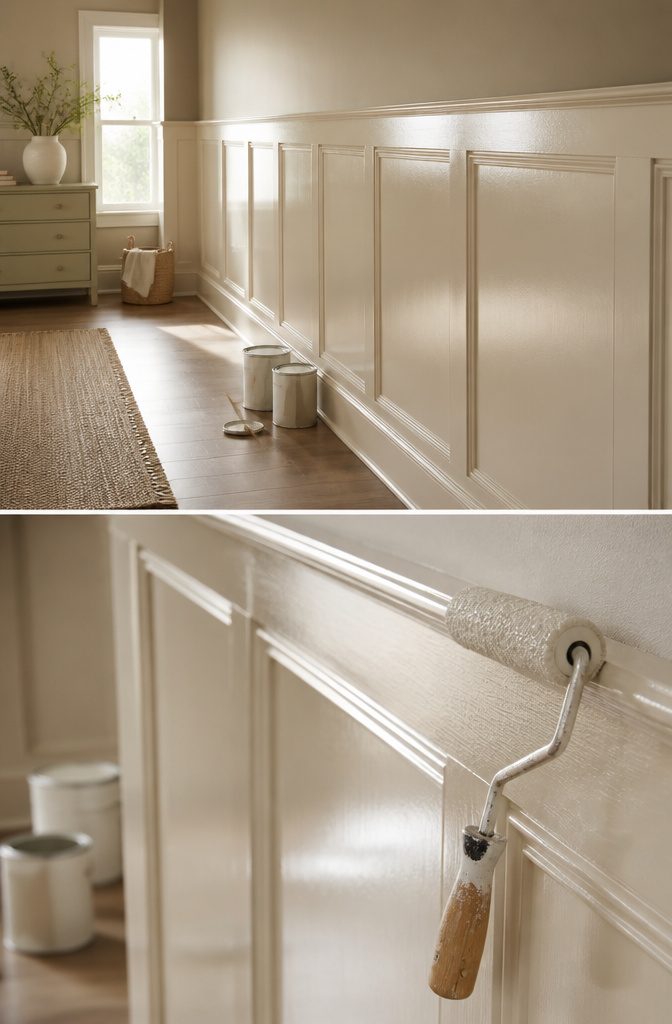 How to Paint Wall Paneling: 6 Steps for a Smooth, Lasting Finish 6 Brush and roller being used on freshly primed paneling.