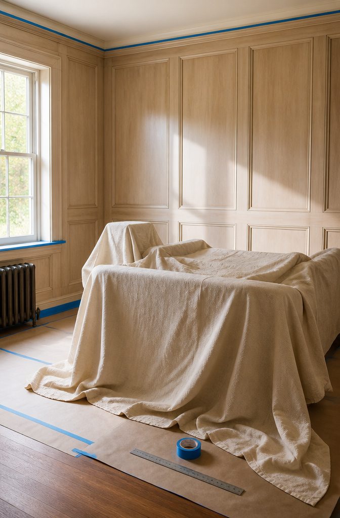 How to Paint Wall Paneling: 6 Steps for a Smooth, Lasting Finish 1 Room with furniture covered and drop cloth on the floor.