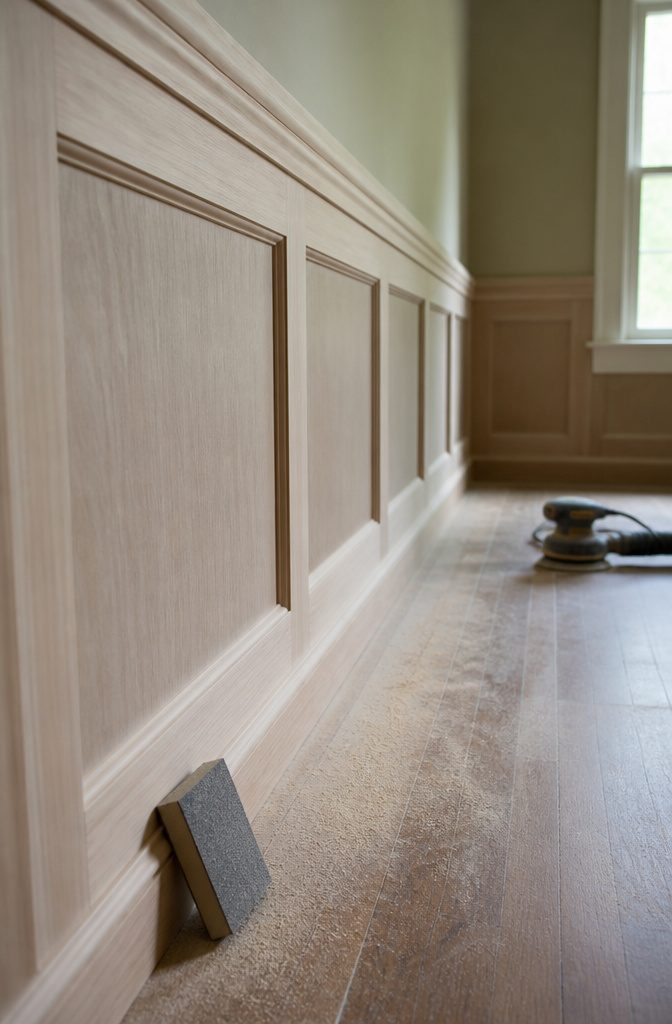 How to Paint Wall Paneling: 6 Steps for a Smooth, Lasting Finish 4 Sanded paneling with dust and a sanding sponge in view.