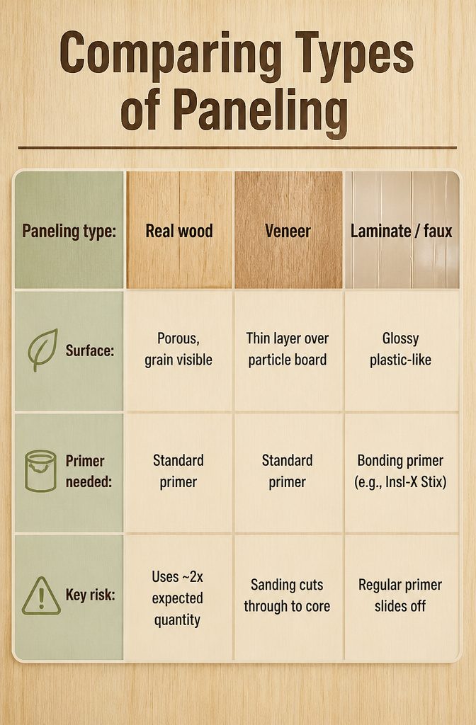 How to Paint Wall Paneling: 6 Steps for a Smooth, Lasting Finish 8 Chart comparing types of paneling and their primer needs.