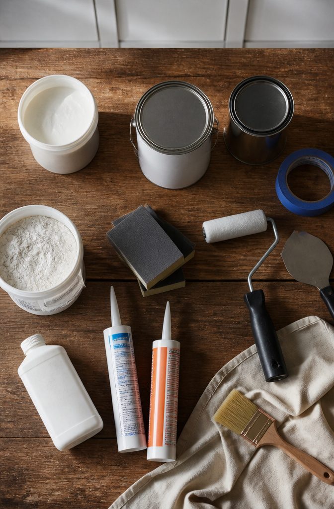How to Paint Wall Paneling: 6 Steps for a Smooth, Lasting Finish 7 Paint supplies including TSP, spackle, caulk, and sandpaper.