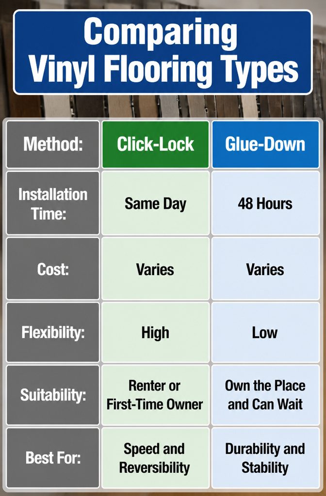 Different types of vinyl flooring including click-lock and glue-down options.