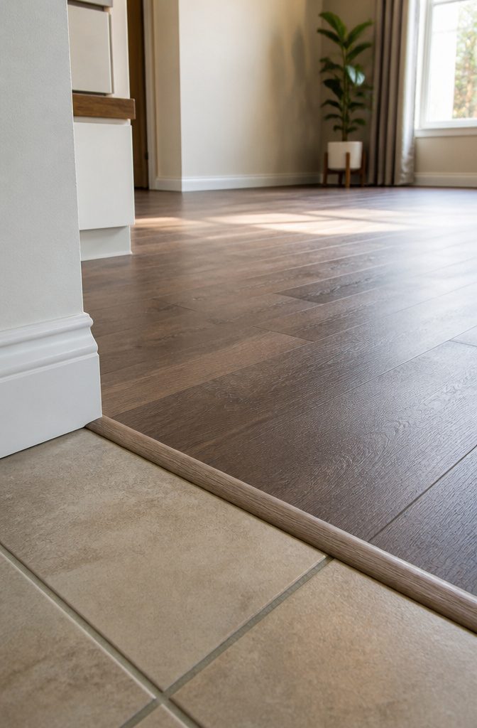 A T-molding transition strip placed between vinyl flooring and another surface.
