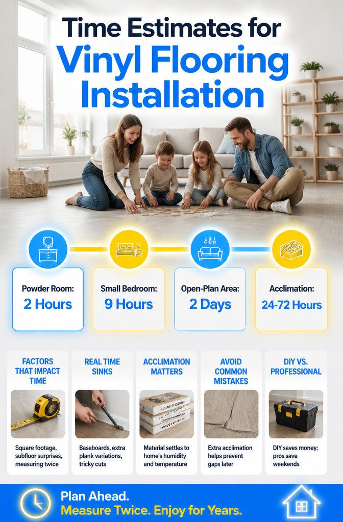 A clock indicating the time spent on vinyl flooring installation.