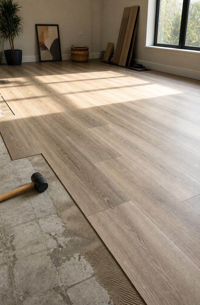 Several rows of interlocked vinyl planks in the process of installation.