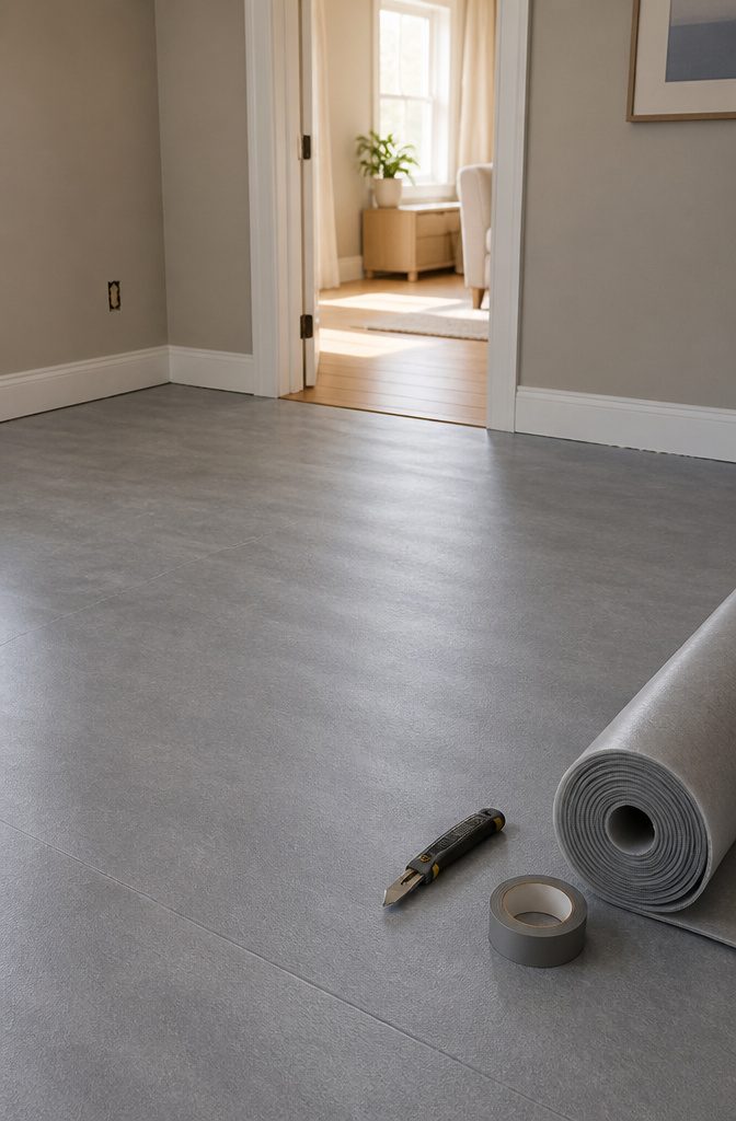 Flat underlayment laid out on a subfloor, ready for vinyl planks.