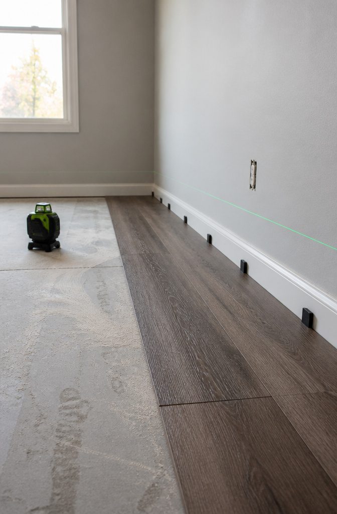 The first row of vinyl planks installed against the wall with spacers.