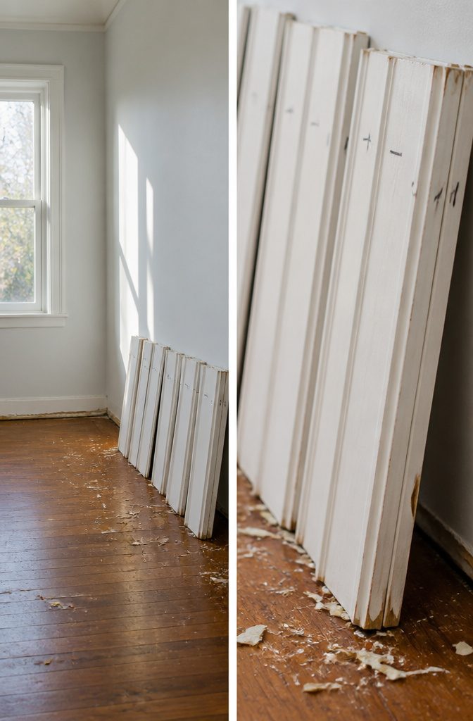 Baseboards being pried off the wall with a putty knife.