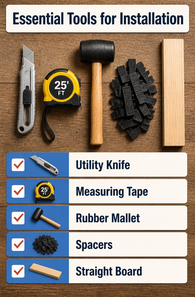A collection of tools necessary for installing vinyl plank flooring.