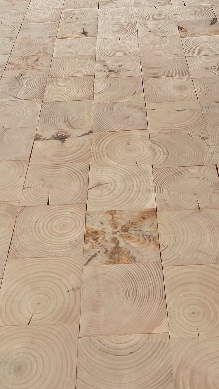 Light-colored wooden floor tiles featuring prominent circular tree ring patterns across the surface.