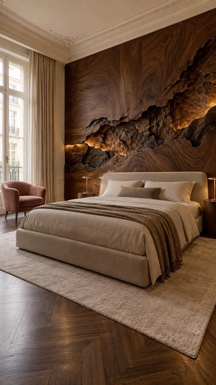 Dark wood accent wall with a backlit live-edge design behind a neutral-toned bed in a bedroom.