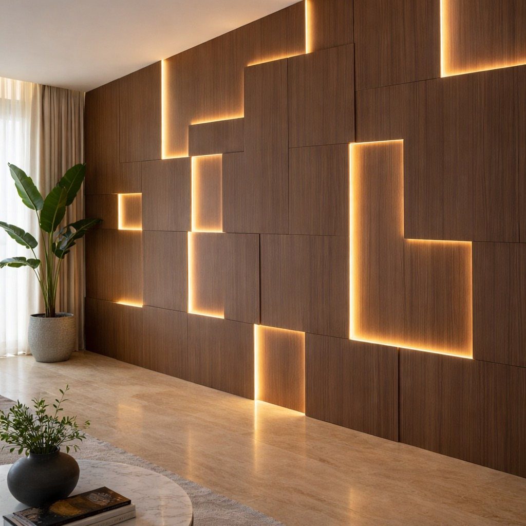 Dark wood geometric wall panels with integrated warm LED lighting in a modern room.