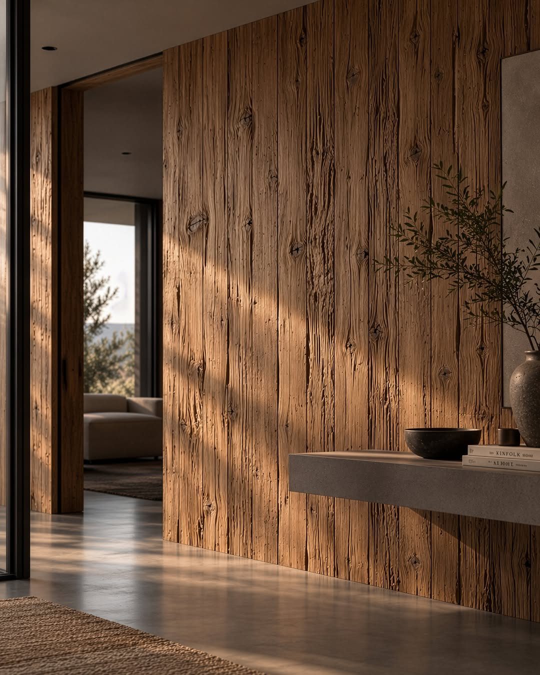 Golden oak wood planks forming a textured accent wall in a sunlit modern room.