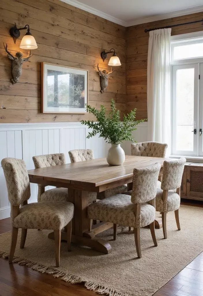 9 Natural Wood Shiplap Wall Ideas for Every Room 9 Wooden dining table and chairs set against a natural wood shiplap wall with white wainscoting.