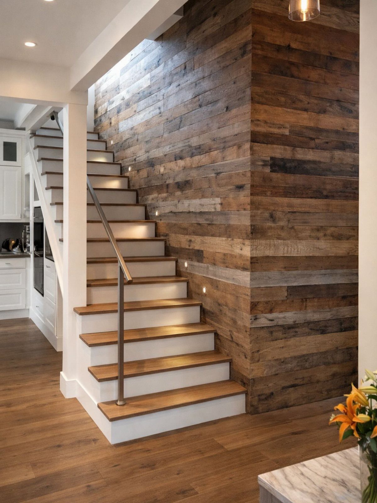 9 Natural Wood Shiplap Wall Ideas for Every Room 4 Horizontal reclaimed wood planks covering a large accent wall next to a white staircase.