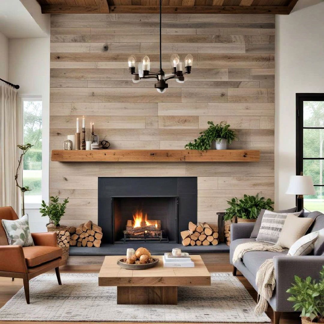9 Natural Wood Shiplap Wall Ideas for Every Room 6 A fireplace with a burning fire set against a light natural wood shiplap accent wall.
