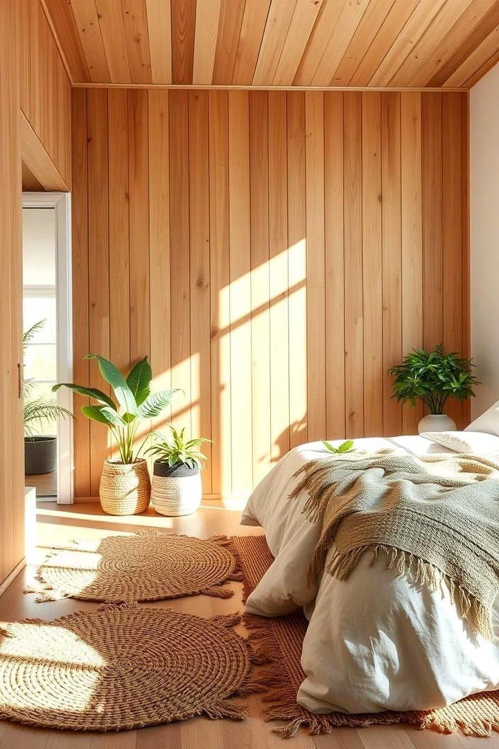 9 Natural Wood Shiplap Wall Ideas for Every Room 2 Vertical light-toned natural wood planks covering the walls and ceiling of a sunlit bedroom.