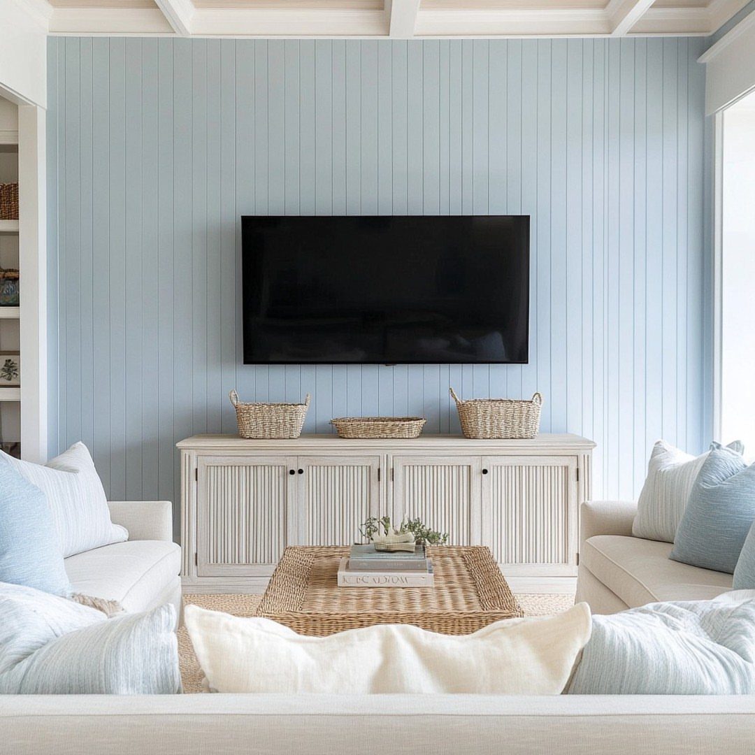 Light blue vertical wood paneling on a living room wall behind a white sideboard.