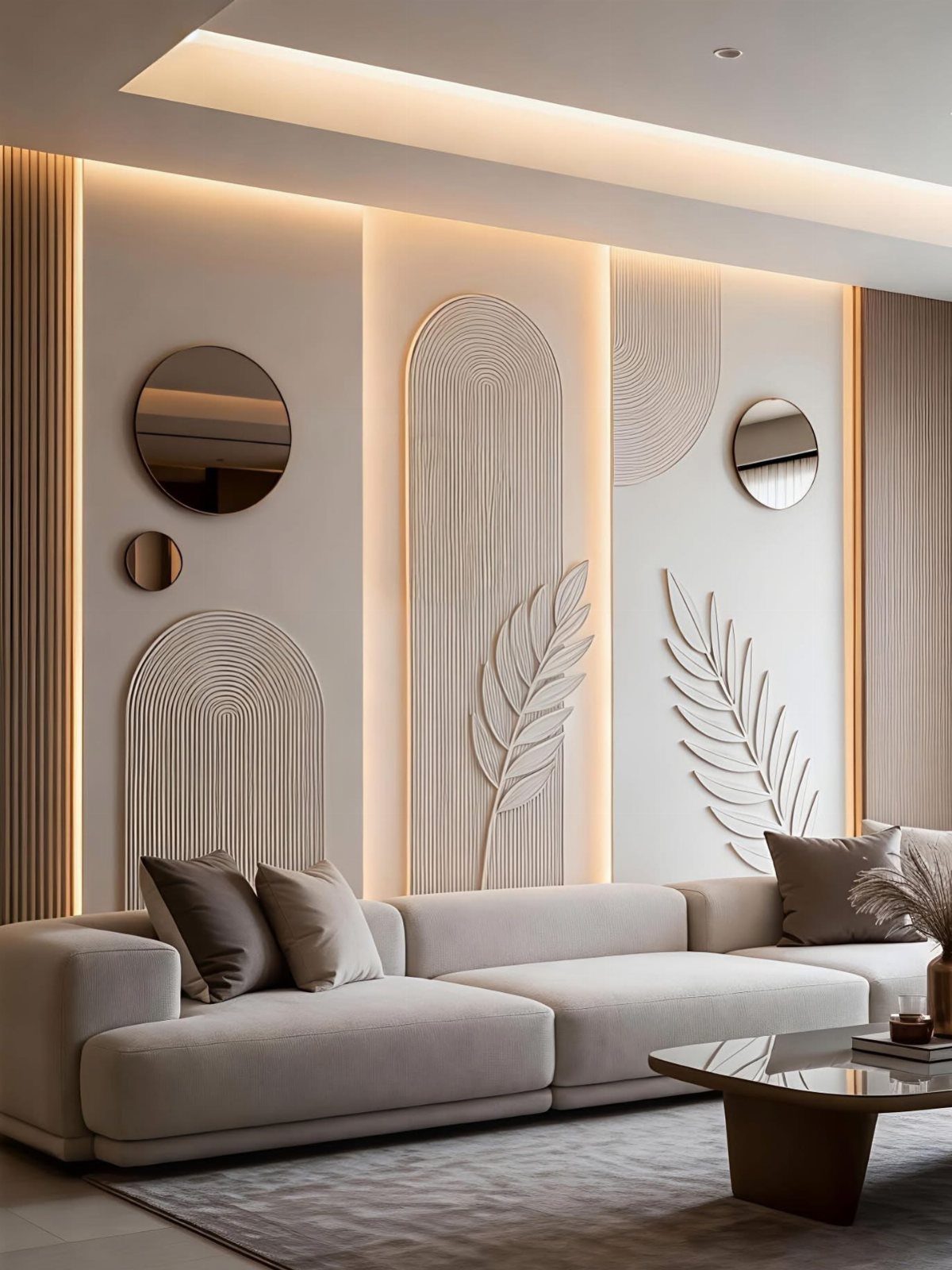 Decorative floor-to-ceiling textured wall panels with arched patterns and warm backlighting in a modern living room.