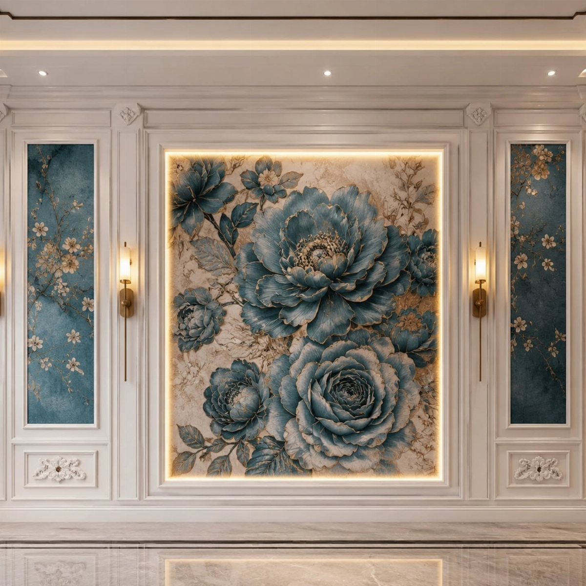 White paneled walls featuring large blue floral murals framed by decorative picture moulding and warm lighting.