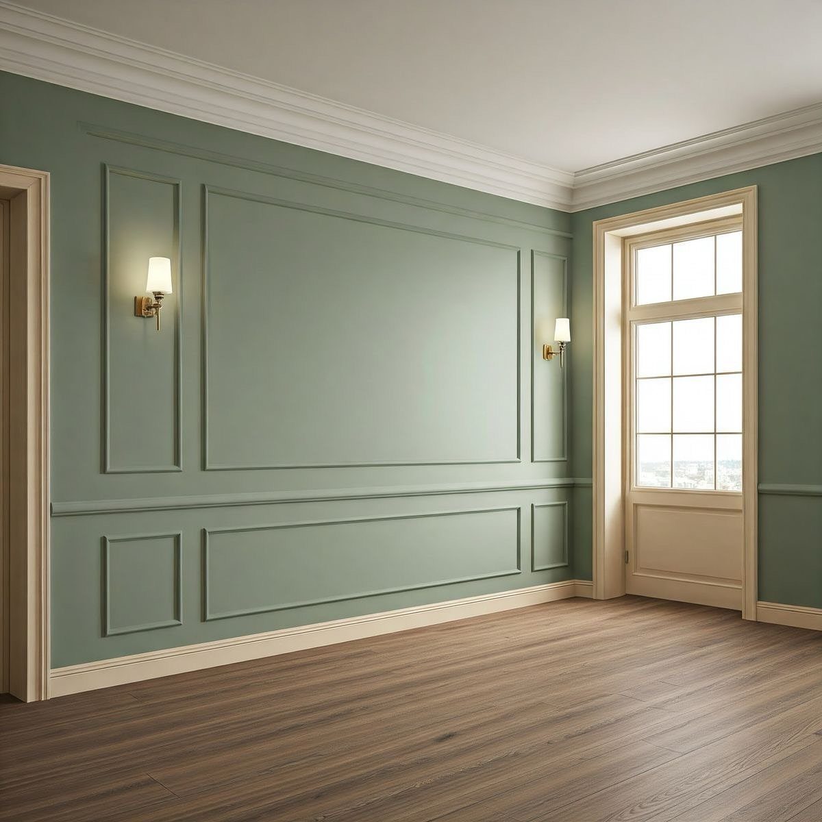 Sage green walls decorated with white picture moulding in a room with wood floors and a large window.