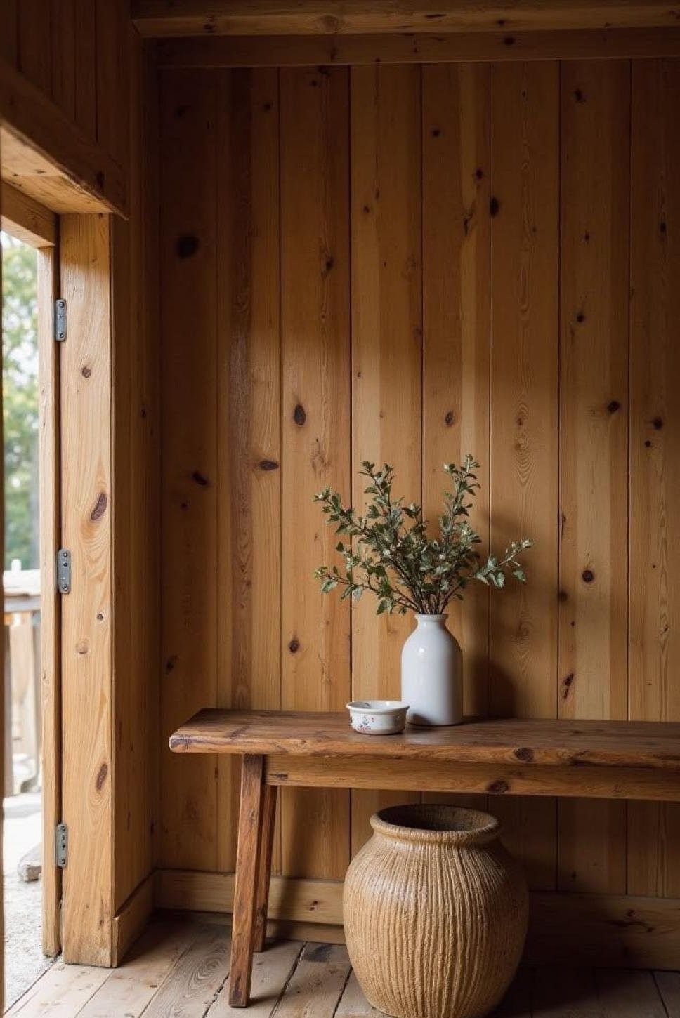 Vertical pine wood planks on a wall behind a wooden bench and ceramic vase.