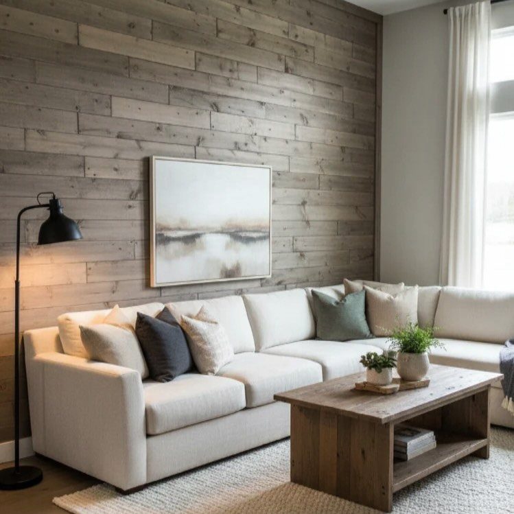 A living room with a grey weathered wood plank accent wall and a white sectional sofa.