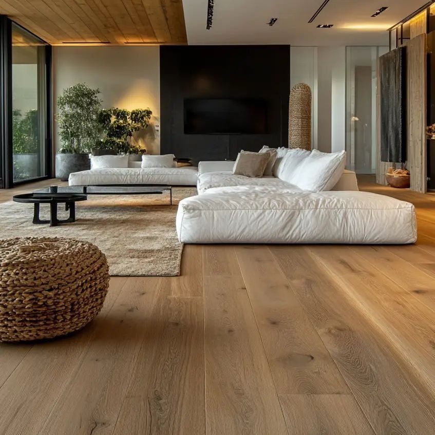 Wide plank warm mid-tone wood floors in a modern living room with white furniture.