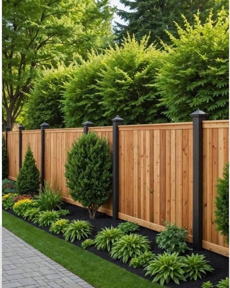 Green shrubs and small evergreens planted in mulch along a wooden privacy fence and stone path.