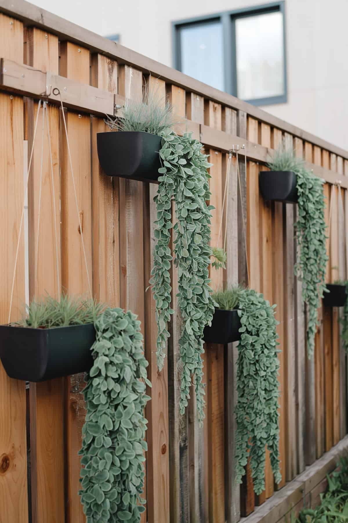 Black planters with trailing green plants hanging on a vertical wooden slat privacy fence.